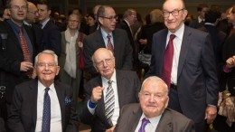 Trilateral Commission Members Pete Peterson, Paul Volker, David Rockefeller and Alan Greenspan - Photo: Brian Stanton
